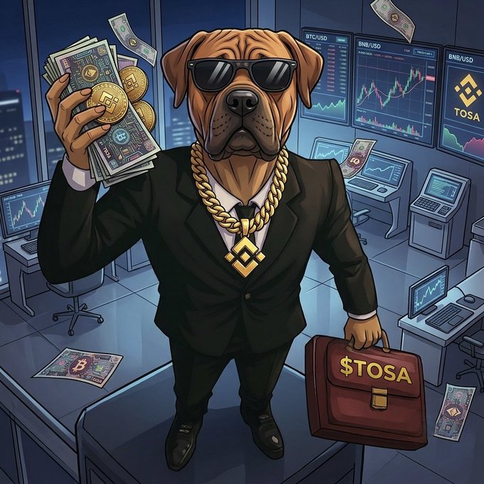 A cartoon illustration of an anthropomorphic dog wearing sunglasses, a black suit, and a large gold chain with a 'B' pendant, holding stacks of cash and gold coins, and a briefcase marked '$TOSA', set against a backdrop of trading screens showing 'BNB/USD' and 'BTC/USD'.