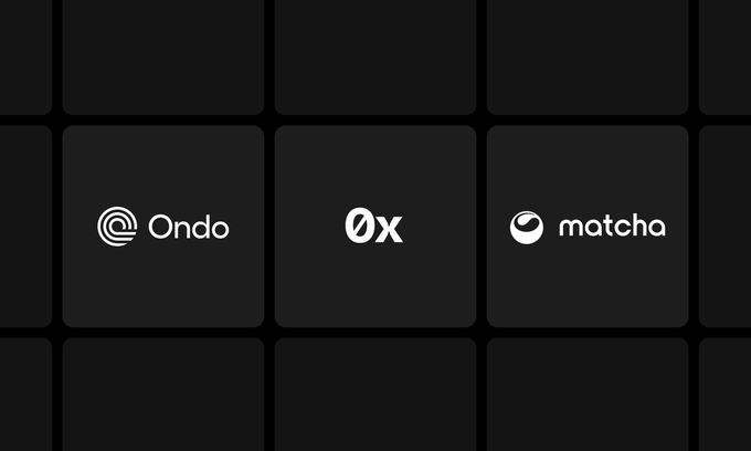 The image displays three logos on a dark grid background: "Ondo," "0x," and "matcha," visually representing the partnership mentioned in the post where Ondo Stocks integrates with 0x and Matcha to expand DeFi liquidity access.