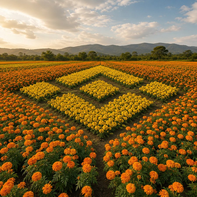 A vast marigold field features an orange "M" shape crafted from yellow flowers, set against a scenic backdrop of mountains and a partly cloudy sky.