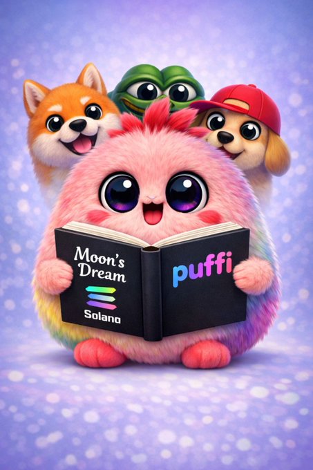 A pink stuffed animal, reading a book titled "Moon's Dream," is surrounded by four other stuffed animals on a purple background with white stars.