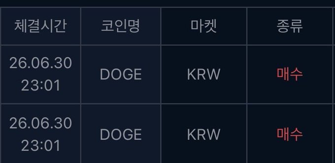 A dark-themed table with Korean headers (체결시간, 코인명, 마켓, 종류) showing two identical rows dated 26.06.30 23:01 for DOGE to KRW, with the kind column displaying '매수' (buy) in red.