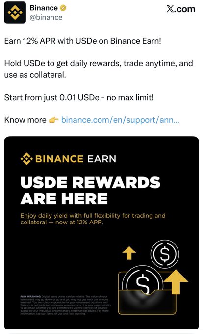 Binance's official X.com post advertises 12% APR rewards on USDe holdings through Binance Earn. The accompanying caption criticizes Binance by referencing OKX's CEO calling out Binance's alleged "atrocities," using this promotional image as an example of questionable practices and urging users to move funds to OKX instead.