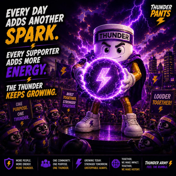 A promotional poster for "Thunder Pants" features a cartoon character with a bucket head holding a glowing purple energy orb, surrounded by a crowd, with text reading "EVERY DAY ADDS ANOTHER SPARK. EVERY SUPPORTER ADDS MORE ENERGY. THE THUNDER KEEPS GROWING." and "THUNDER ARMY - FEEL THE RUMBLE."