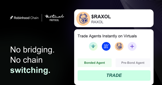 A promotional graphic for Virtuals Protocol and Robinhood Chain announces "No bridging. No chain switching." alongside an interface preview showing the $RAXOL token and a "Trade Agents Instantly on Virtuals" feature with Bonded Agent and Pre-Bond Agent options and a green TRADE button, illustrating how users can purchase Robinhood Chain agents directly on Virtuals.