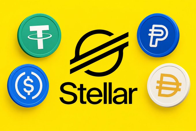 Stellar cryptocurrency logo displayed on a yellow background, surrounded by four cryptocurrency coin graphics (Tether, PayPal, USDC, and Dai) representing its ecosystem.