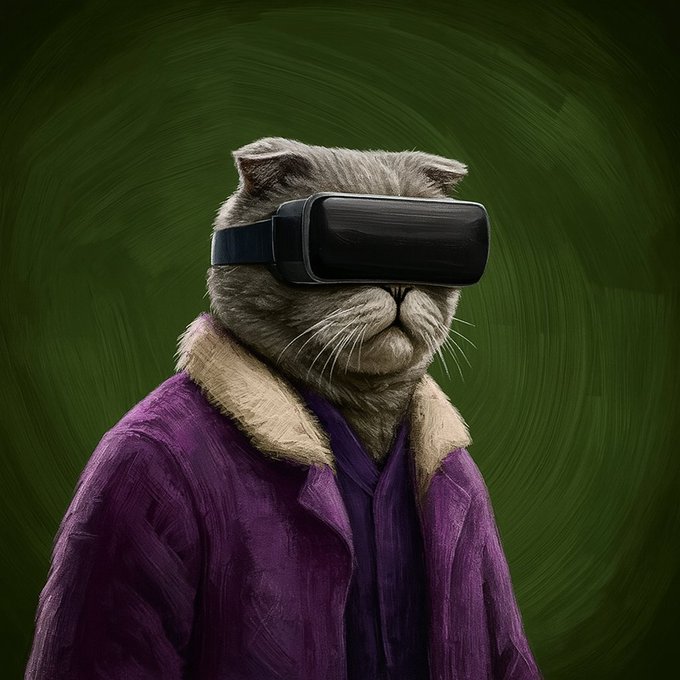 A gray cat wearing a VR headset and a purple fur-collared coat is depicted in a painterly portrait against a green background. The image ties to the post by playfully branding the "Opulent Cats" NFT collection as an exclusive "ultra limited" drop for crypto "degens."