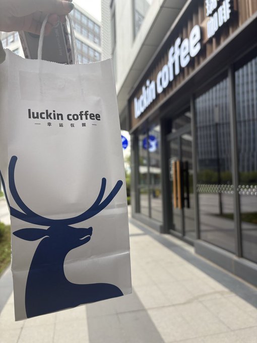 A hand holds a white paper shopping bag with the 'luckin coffee' logo and a blue deer head illustration in front of a storefront with matching 'luckin coffee' signage and Chinese text.