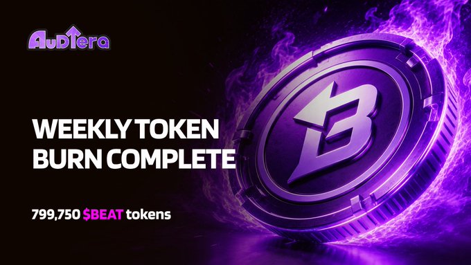 A promotional graphic for Audiera announcing a 'WEEKLY TOKEN BURN COMPLETE' of '799,750 $BEAT tokens', featuring a glowing purple coin with a stylized 'B' logo engulfed in purple flames.