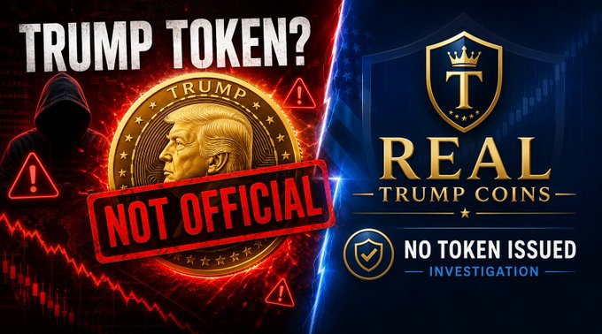 A comparison graphic titled 'TRUMP TOKEN?' contrasting a fake coin labeled 'NOT OFFICIAL' with warning signs on the left against an official 'REAL TRUMP COINS' logo stating 'NO TOKEN ISSUED' and 'INVESTIGATION' on the right.
