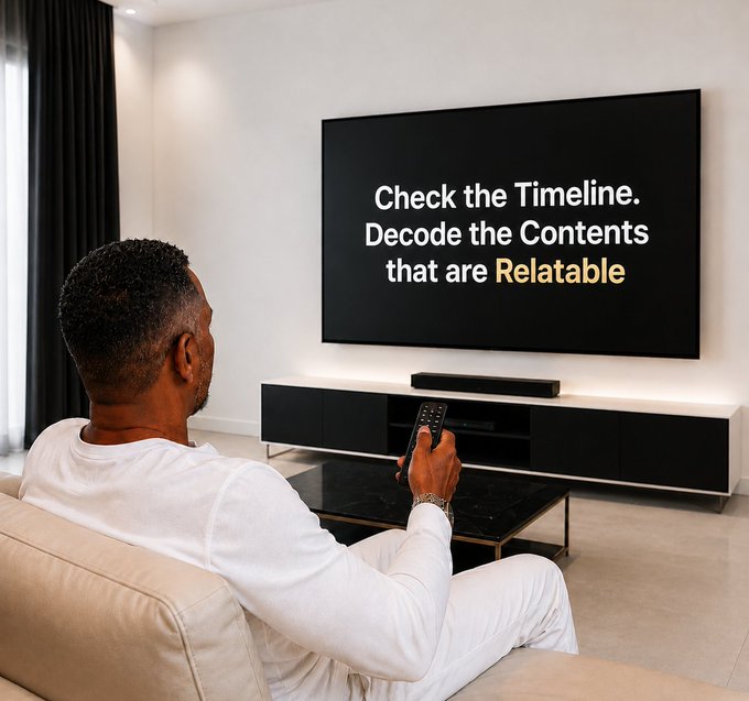 A man in a white outfit sits on a couch, holding a remote and watching a large TV screen displaying the text "Check the Timeline. Decode the Contents that are Relatable." This illustrates the post's message about engaging with social media timelines to find relatable content.