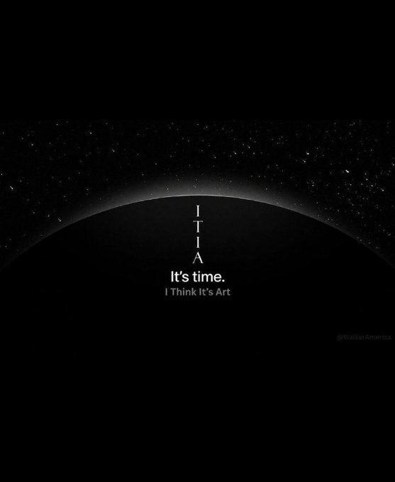 A dark, minimalist image features a celestial body silhouette against a starry sky with the text 'ITIA It's time. I Think It's Art' in the center.