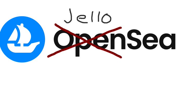 A logo for 'Jello' featuring a hand holding a sailboat in a blue circle, with a red X crossing out the word 'OpenSea'.