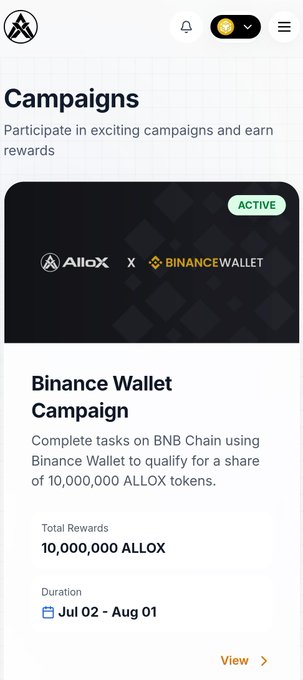 A "Campaigns" page showing an active Allox x Binance Wallet campaign banner, with details promoting 10,000,000 ALLOX tokens in total rewards and a duration of July 02 - August 01.