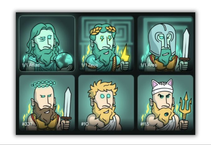A collection of six cartoonish Greek god avatars on a dark teal background, including "1/1 Atlas," "1/1 Zeus," "1/1 Ares," and numbered figures "#337," "#10," and "#15." The image promotes the Hyperliquid NFT collection from @AtlasHL, with Atlas appearing as the featured character among the lineup of mythological characters.