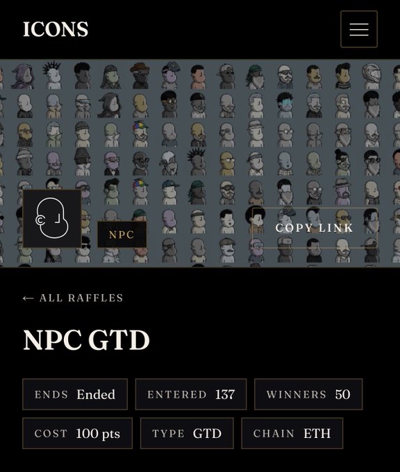 A screenshot of the "ICONS" NFT platform displays an "NPC GTD" raffle that has ended with 137 entries, 50 winners, a cost of 100 points, on the ETH chain, accompanying a post celebrating the opportunity to mint an NFT from the NPC on Chain project.