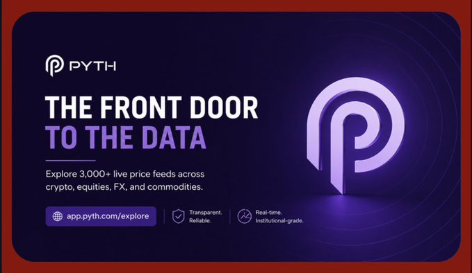 The image features an advertisement for a cryptocurrency called "Pyth" with a purple logo. The poster displays the front door to the data, inviting users to explore 3,000+ live price feeds across different cryptocurrencies like Bitcoin, Ethereum, Ripple, and more. It also highlights the benefits of accessing this data, such as real-time information on market trends and potential investment opportunities. The image is accompanied by a text that reads: "The Front Door to the Data" and "Explore 3,000+ live price feeds across Cryptocurrencies, FX, and Commodities".