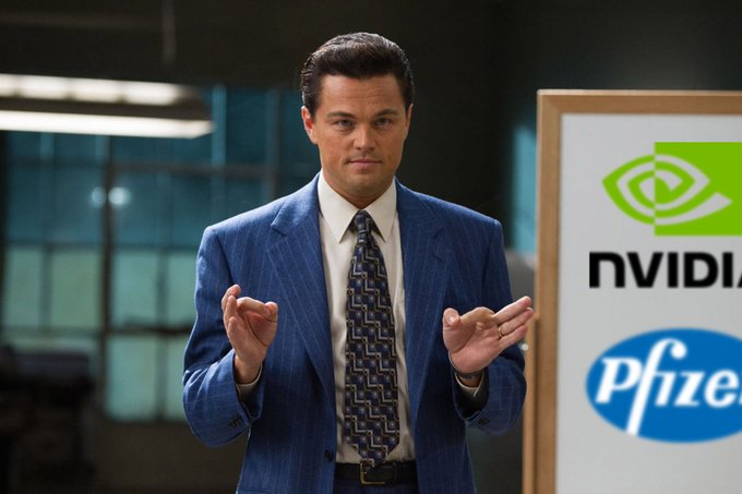 A meme image of Leonardo DiCaprio in a blue suit clapping, positioned in front of a board displaying NVIDIA and Pfizer corporate logos, symbolizing biotech/AI stock movements.