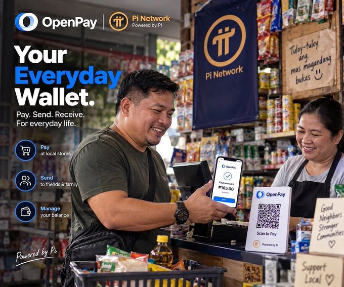 A smiling man uses OpenPay to make an ₱185.00 mobile payment at a friendly local store, while promotional text highlights the app's ability to "Pay, Send, Receive" as "Your Everyday Wallet" powered by Pi Network.