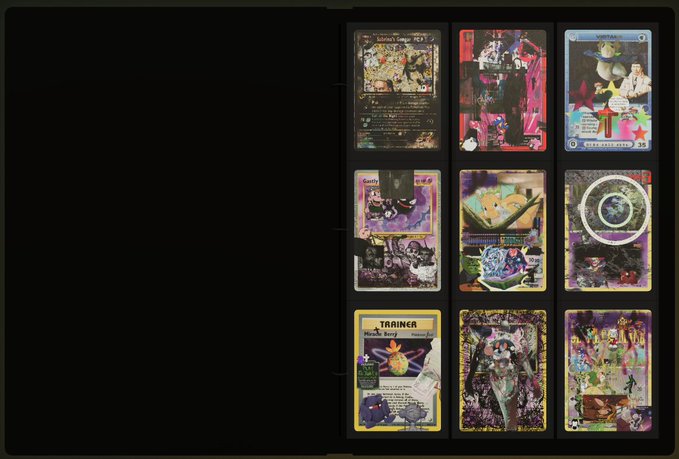 A black binder page displaying nine Pokémon trading cards arranged in a three-by-three grid.