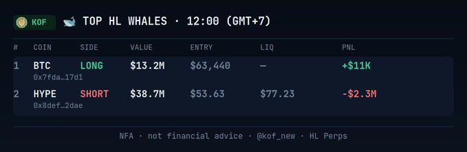 A trading leaderboard for 'TOP HL WHALES' shows BTC LONG with a +$11K profit and HYPE SHORT with a -$2.3M loss, credited to '@kof_new' and 'HL Perps'.