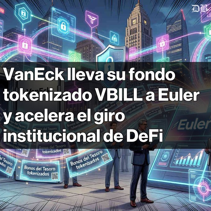 The image features a group of people standing around a computer screen, with neon signs surrounding them. The text "VanEck llena su fondo tokenizado VBILL en Euler, impuestando el crecimiento ... los bonos del Tesoro de EE. UU. ahora pueden ser usados como colateral onchain. Este movimiento atiende la demanda de activos regulados y marca un hito en la convergencia". The people are standing in front of a computer screen, and there is a keyboard and mouse nearby.

The image also contains the text "VANECK llena su fondo tokenizado VBILL en Euler, impuestando el crecimiento ... los bonos del Tesoro de EE. UU. ahora pueden ser usados como colateral onchain. Este movimiento atiende la demanda de activos regulados y marca un hito en la convergencia".