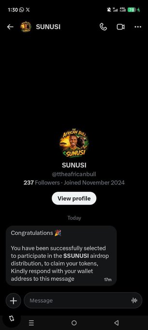A screenshot of a Twitter/X DM conversation with an account named "SUNUSI" (@theafricanbull), showing a message claiming the recipient has been "successfully selected to participate in the $SUNUSI airdrop distribution." The post relates to the image as a warning example of the exact type of scam account impersonating legitimate projects and soliciting wallet connections that the alert cautions users to avoid.