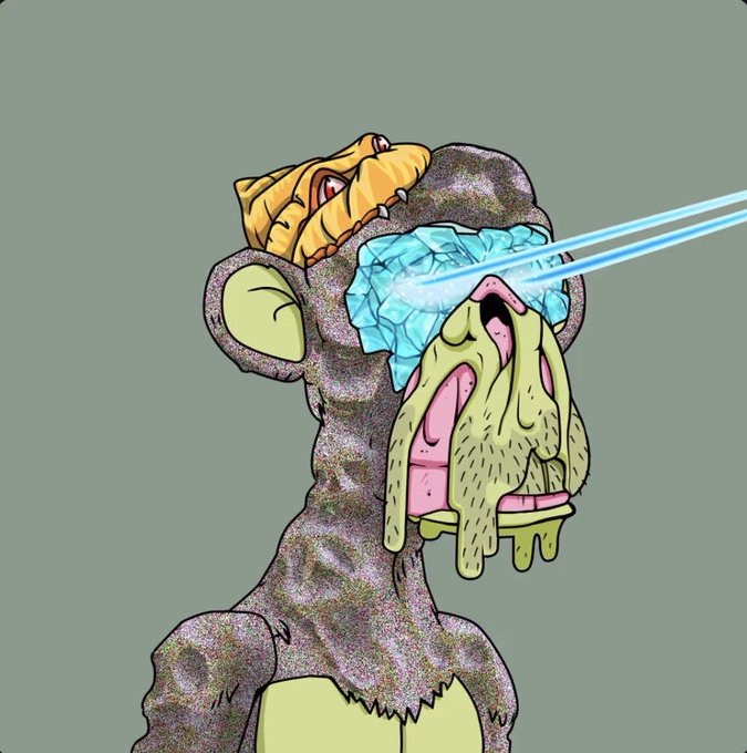 A cartoon monkey with glowing blue laser eyes and melted yellow slime dripping from its mouth, depicted in a distorted, surreal art style against a gray background. The meme-like illustration appears to humorously represent the wild or unhinged energy associated with Mutant Ape Yacht Club (MAYC) #1899, fitting the playful tone of the post asking about its corresponding Bored Ape.