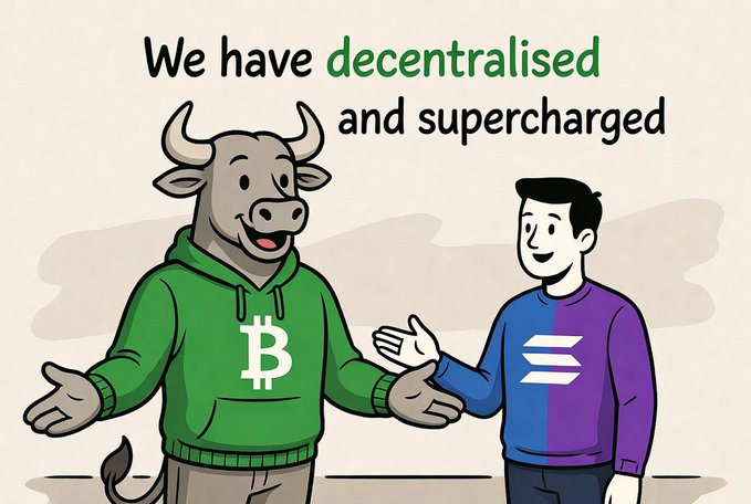 The image features a cartoon illustration of two men standing next to each other, with one man wearing a green hoodie that has a Bitcoin logo on it. The other man is wearing a blue sweater. They are both smiling at the camera. Below them, there is text that reads "We have decalised and supercharged".