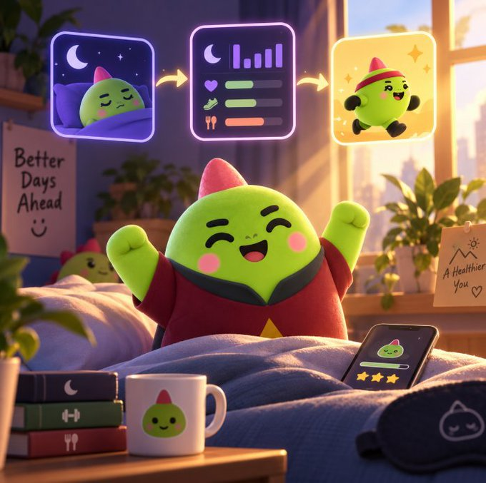 A digital illustration of the green blob character happily waking up in bed, with floating app icons showing sleep tracking and a morning routine above them.