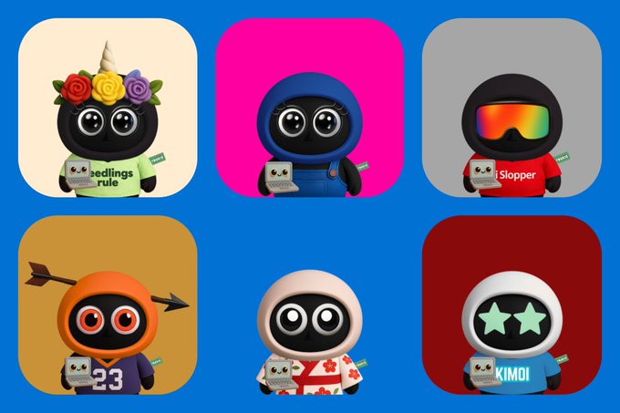 Six cute cartoon mascot characters with large eyes in different colored outfits and backgrounds, including characters with 'Seedlings rule', 'Slopper', '#23', and 'KIMOI' labels.