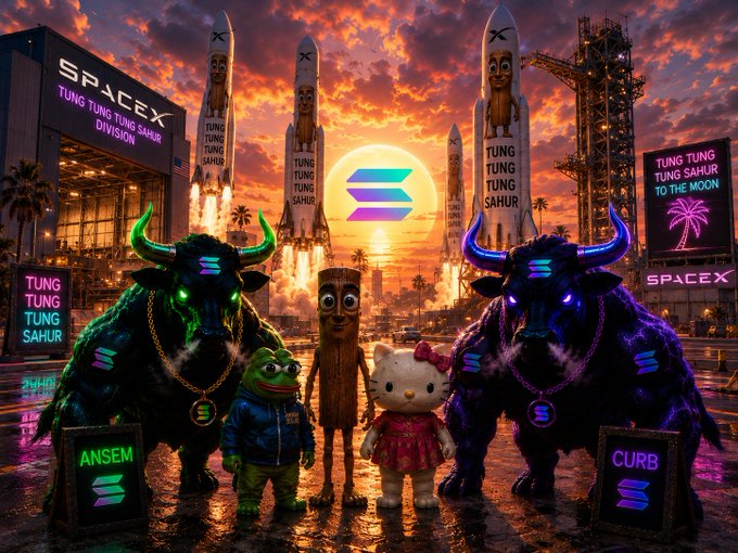 A vibrant SpaceX-themed scene features two glowing neon bulls flanking a lineup of Hello Kitty, Pepe, and a Tung Tung Sahur character, with rockets labeled "TUNG TUNG SAHUR" launching into a sunset sky. Neon signs read "SPACE X," "TUNG TUNG SAHUR TO THE MOON," and "ANSEM" and "CURB," tying directly to the Solana meme coin tickers highlighted in the post's bullish morning greeting.