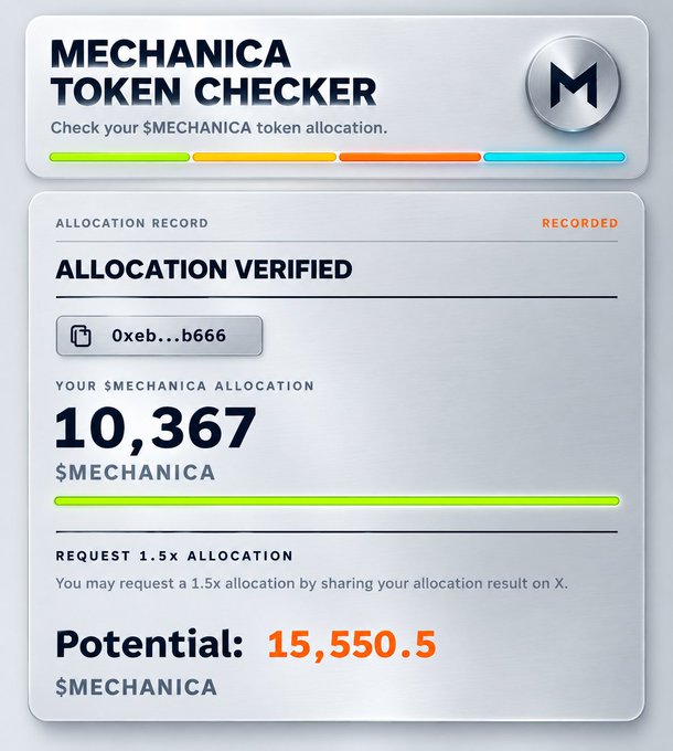 The image shows a "Mechanica Token Checker" interface displaying an "Allocation Verified" status for a wallet ending in "b666," revealing a current allocation of 10,367 $MECHANICA tokens with a potential 1.5x boosted allocation of 15,550.5 tokens available by sharing the result on X. This visually demonstrates the tool mentioned in the accompanying post, which instructs Robinhood Chain users to check their EVM wallets for $MECHANICA memecoin allocations.