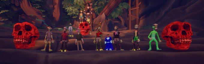 A group of stylized 3D characters, including a tall skeleton figure and several smaller humanoid and creature-like avatars, stand between large red skulls in a dimly lit cave setting.
