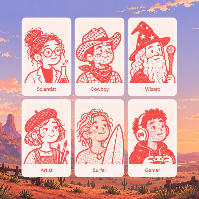 An illustration featuring six playing-card-style character cards (Scientist, Cowboy, Wizard, Artist, Surfer, Gamer) in a red monochrome style, set against a pixel-art desert landscape at sunset.