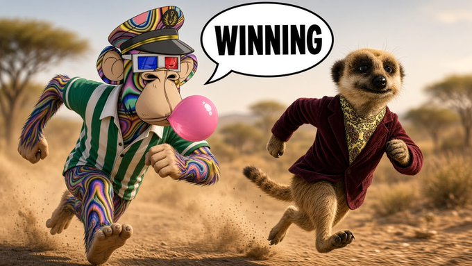 A colorful monkey blowing pink bubble gum and a meerkat in a velvet blazer sprint side-by-side across a savanna, with a speech bubble above them declaring "WINNING"—visually embodying the post's message that $MEERKAT and its alert, watchful pack outpace blindly chasing competitors toward victory.