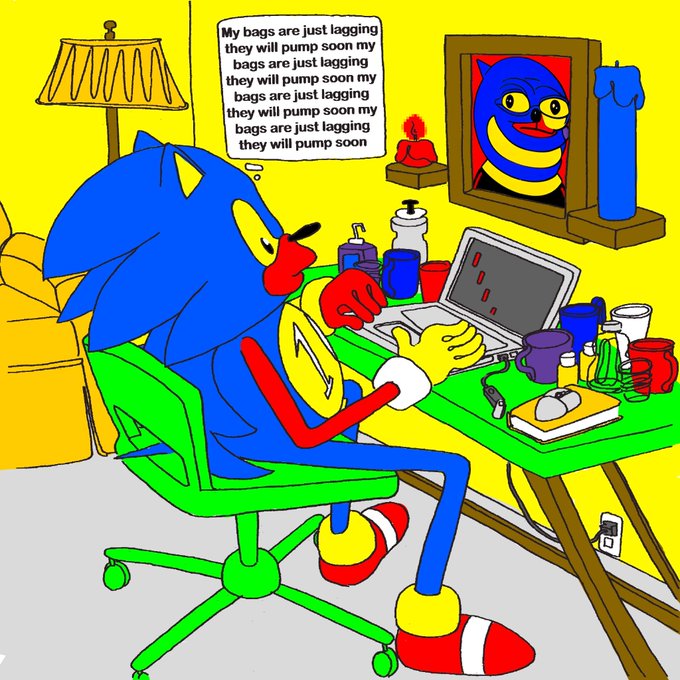 A cartoon Sonic-like character sitting at a desk on a laptop, thinking 'My bags are just lagging they will pump soon my bags are just lagging they will pump soon.'