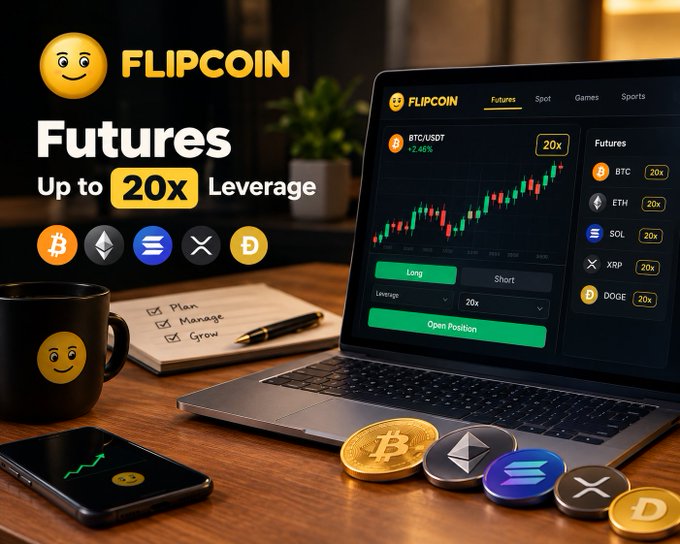 An advertisement for "FLIPCOIN" Futures offering up to 20x leverage, showing supported coins (BTC, ETH, SOL, XRP, DOGE) alongside a laptop displaying a BTC/USDT trading interface.