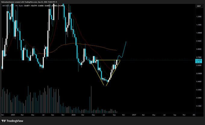 A TradingView weekly chart of MNT/USD shows a completed V-bottom reversal pattern in yellow, with the price recently breaking above the neckline resistance near $0.70 with rising volume, supporting the post's claim that reclaiming this local resistance could trigger a sustained recovery rally.
