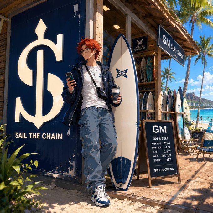 An anime-style surfer with red hair stands at "GM Surf Shack," holding a coffee cup while checking his phone beside a surfboard and a "GM" board displaying tide and surf conditions, visually echoing the post's theme of blending physical assets (the beach shack/surfboard) with informational framing (the data board) to illustrate how maritime RWA discussions conflate real-world asset quality with the data describing it.