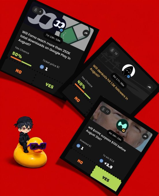 A promotional image with a red background showing prediction market cards (e.g., 'Will Fomo reach more than 250K total downloads on Google Play in August?') alongside a chibi character sitting on a yellow rubber duck.