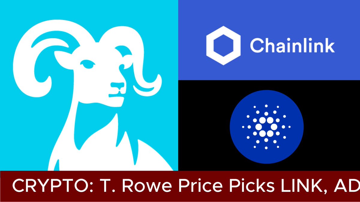 A graphic featuring a logo for Chainlink, as well as an image of a goat with horns wearing a T-shirt that reads "Crypto T. Rowe Price Pics Link", is shown against a gray background. The text accompanying this visual content explains that Chainlink manages a crypto fund and focuses on cryptocurrencies such as Bitcoin, Ripple, LINK, AVAX, and ADA. Additionally, the post mentions that the ETF managed by T. Rowe Price has recently been approved by the SEC.