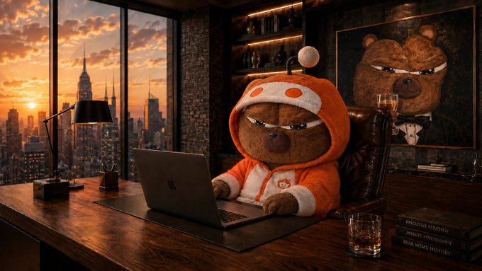 A stern brown bear wearing an orange hoodie and a small antenna sits at a sleek laptop in a luxurious high-rise office overlooking a sunset cityscape, with a serious portrait of a suited bear hanging on the brick wall behind him. The image visually embodies the "$BOBO" meme token's branding, reinforcing the post's call to join the Bobo Council on Reddit at reddit.com/r/BoboCouncil/ for memes and market talk.