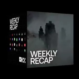 A 3D cube displays "WEEKLY RECAP" on its front and side panels, alongside the OKX logo and a grid of colorful crypto icons, with a foggy, atmospheric background. The image serves as a weekly recap graphic summarizing trending updates from OKX, including new listings, features, and promotions.