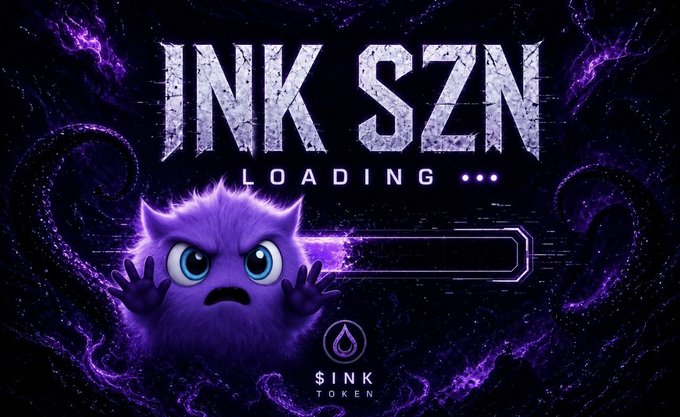 A purple furry creature with blue eyes appears surprised behind a "INK SZN LOADING..." screen, accompanied by the "$INK TOKEN" logo, symbolizing Ink on Chain's upcoming TGE (Token Generation Event) as the project prepares to launch its $INK token after building infrastructure for RWA, DeFi, and major integrations.