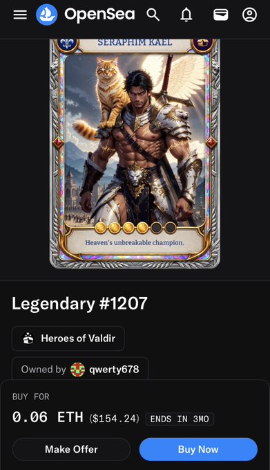 A screenshot of an OpenSea NFT listing for a digital trading card titled "SERAPHIM KAEL" from the "Heroes of Valdir" collection, labeled "Legendary #1207," priced at 0.06 ETH ($154.24) and owned by qwerty678.