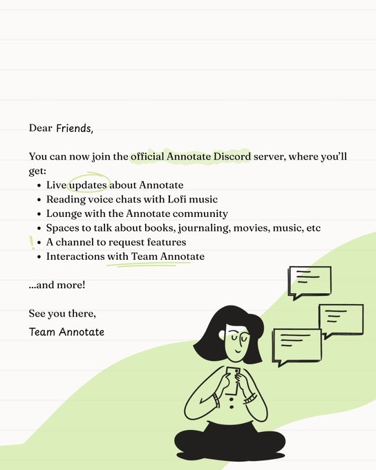 A promotional announcement image invites friends to join the official Annotate Discord server, listing features like live updates, voice chats with Lofi music, community lounges, and feature request channels, signed by "Team Annotate" alongside an illustration of a person holding a phone with chat bubbles. The image complements the post by visually detailing the benefits of joining the Discord community via the link provided.