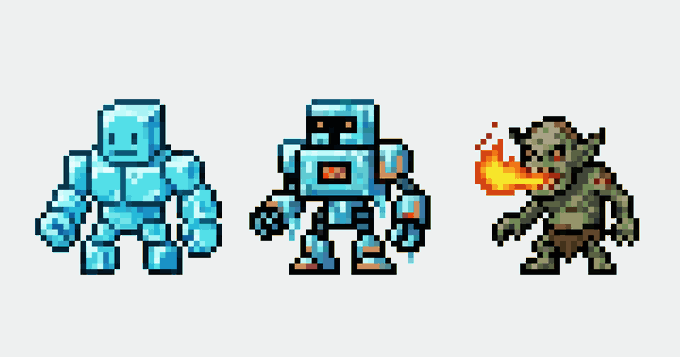 Pixel art sprites showing two ice golem characters (one with a face, one with a screen) and a fire-breathing goblin-like creature on a gray background.