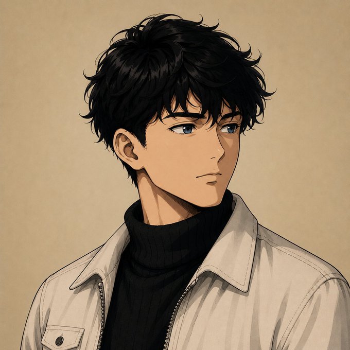 An anime-style illustration of a young man with curly black hair, wearing a black turtleneck under a beige jacket, looking off to the side with a neutral expression.