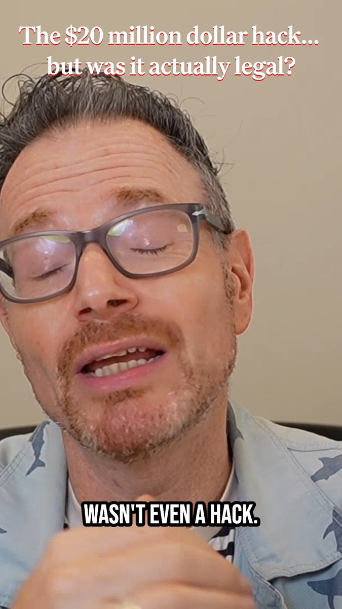 A man with glasses and a goatee, wearing a light blue shirt with shark patterns, speaks with his eyes closed. The image features text reading "The $20 million dollar hack... but was it actually legal?" at the top and "WASN'T EVEN A HACK." at the bottom, relating to a storytime post about the BONK DAO exploit.