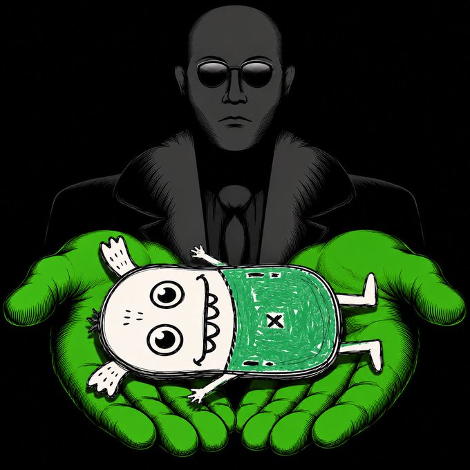 A shadowy figure in a suit and sunglasses cradles a cartoonish green-and-white pill character with an "X" on its side in his bright green hands, evoking Morpheus from The Matrix offering the choice between red and blue pills—but here the pill itself is the green $GREMLI meme token, playfully suggesting the only choice was always $GREMLI.